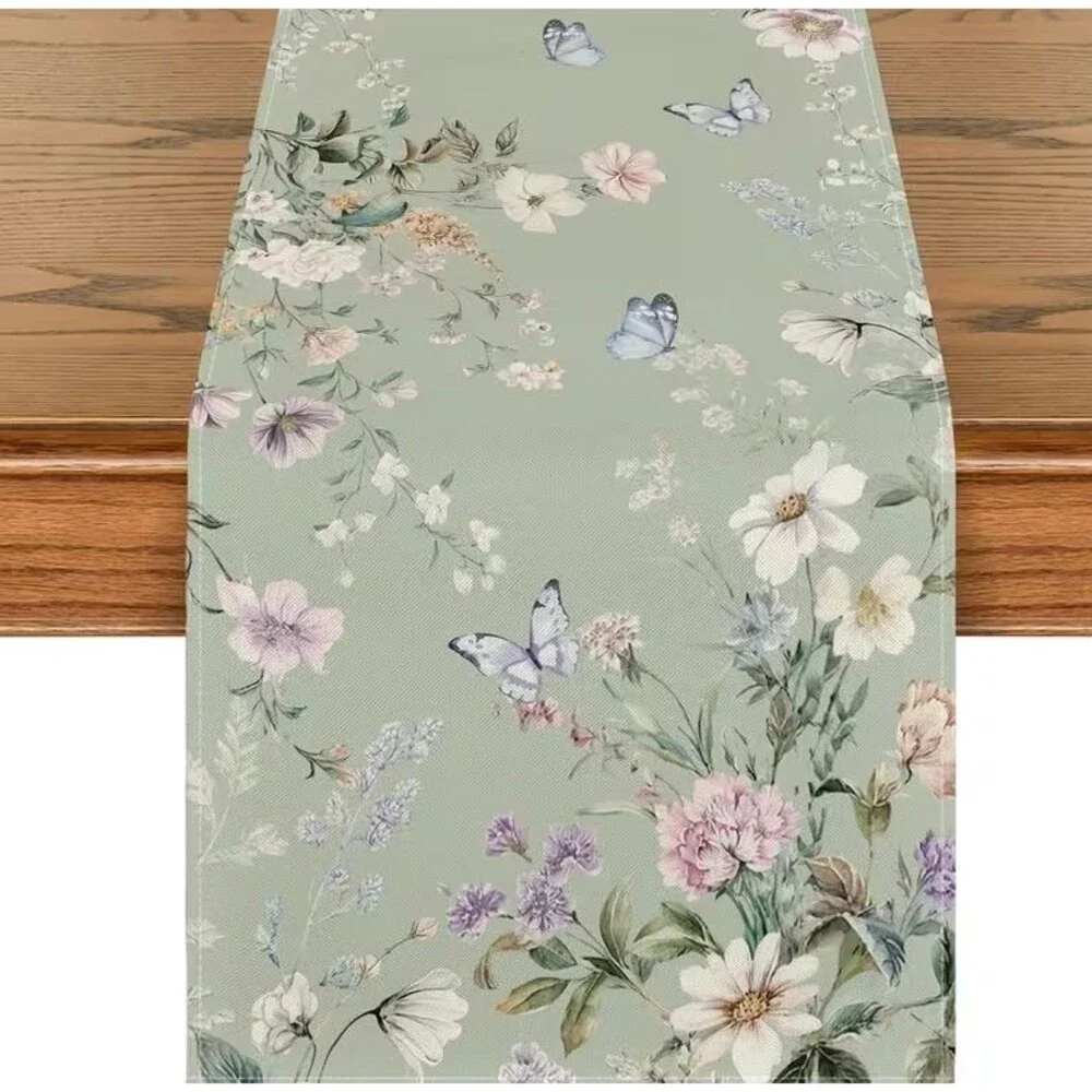 Table Runner 13x72in Woven Polyester Green Floral Wildflowers Butterflies